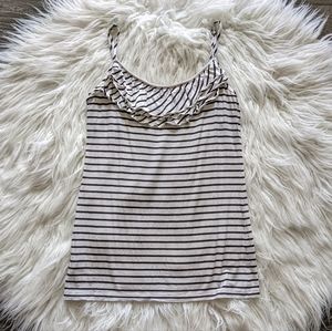 Loft Ann Taylor Ivory & Black Stripe Ruffle Spaghetti Strap Tank Size Medium